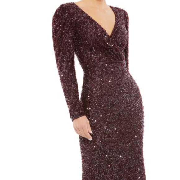 MAC DUGGAL 5510 PUFF SHOULDER SURPLICE SEQUINED MAHOGANY COLUMN GOWN sz 18 - Picture 3 of 7